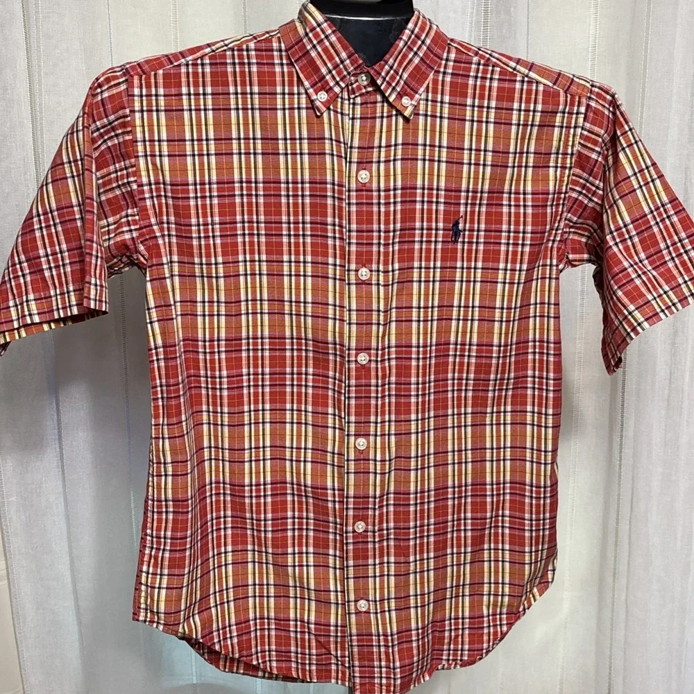 Polo Ralph Lauren Shirt Boys Size Medium 12/14 Plaid SS Button‎ Up Blue Pony